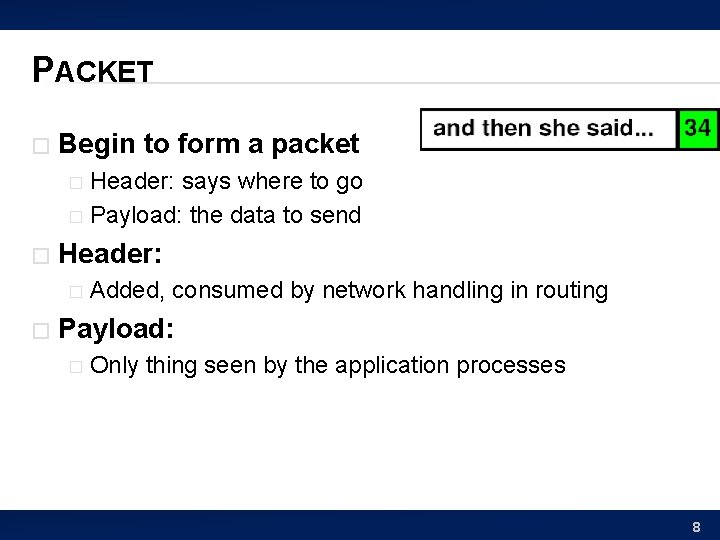 PACKET � Begin to form a packet Header: says where to go � Payload: