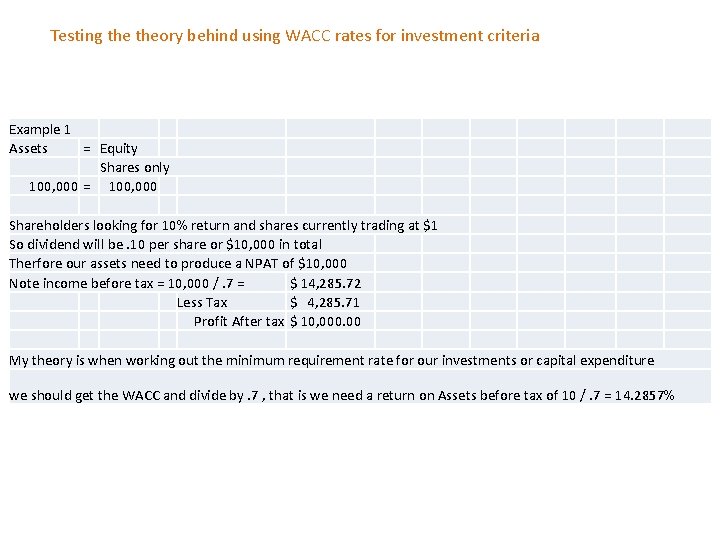 Testing theory behind using WACC rates for investment criteria Example 1 Assets = Equity