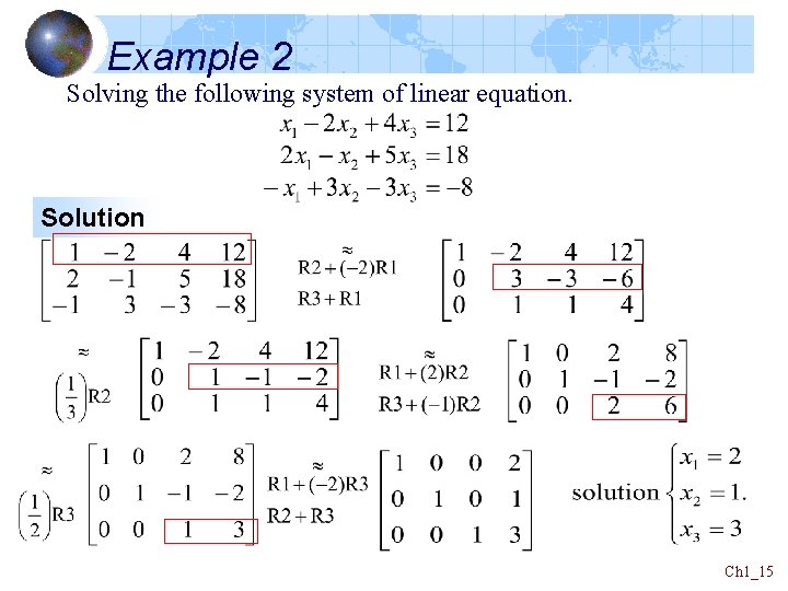 Example 2 Solving the following system of linear equation. Solution Ch 1_15 Example 2 Solving the following system of linear equation. Solution Ch 1_15