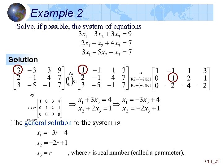 Example 2 Solve, if possible, the system of equations Solution The general solution to Example 2 Solve, if possible, the system of equations Solution The general solution to