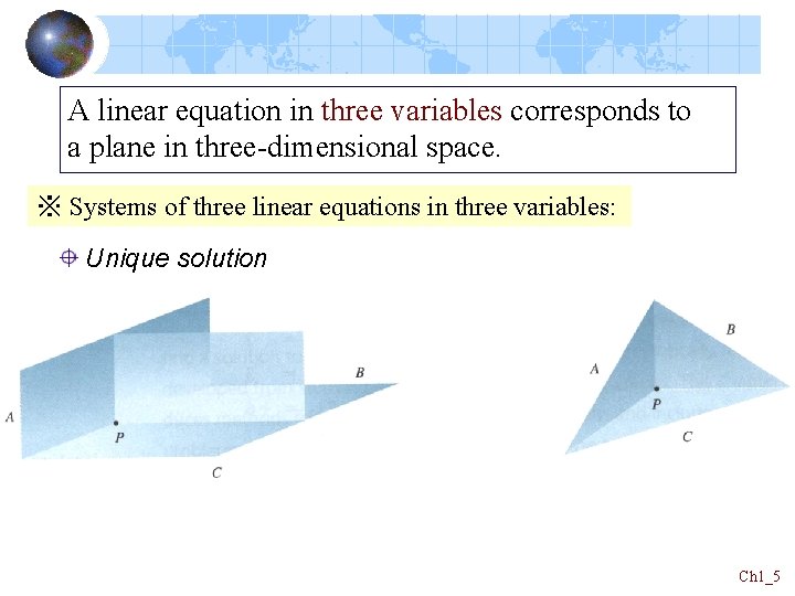A linear equation in three variables corresponds to a plane in three-dimensional space. ※ A linear equation in three variables corresponds to a plane in three-dimensional space. ※