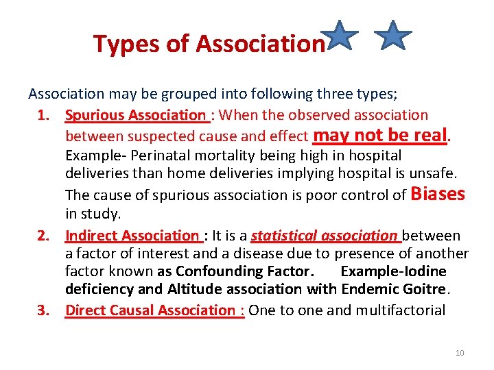 Types of Association may be grouped into following three types; 1. Spurious Association :