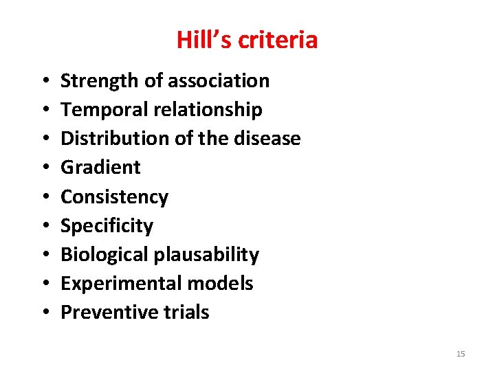 Hill’s criteria • • • Strength of association Temporal relationship Distribution of the disease