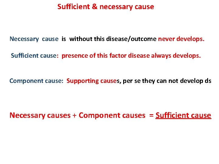Sufficient & necessary cause Necessary cause is without this disease/outcome never develops. Sufficient cause: