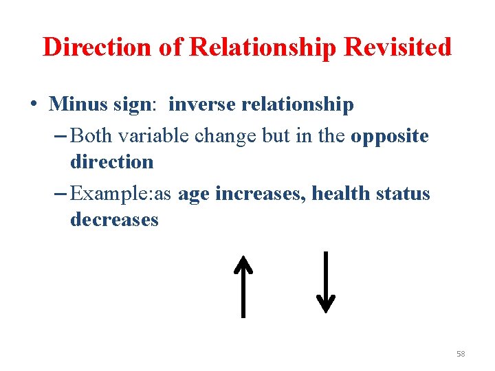 Direction of Relationship Revisited • Minus sign: inverse relationship – Both variable change but