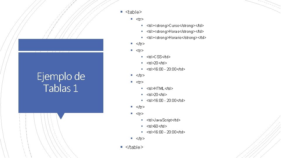 § <table> § <tr> § <td><strong>Curso</strong></td> § <td><strong>Horas</strong></td> § <td><strong>Horario</strong></td> § </tr> § <tr>