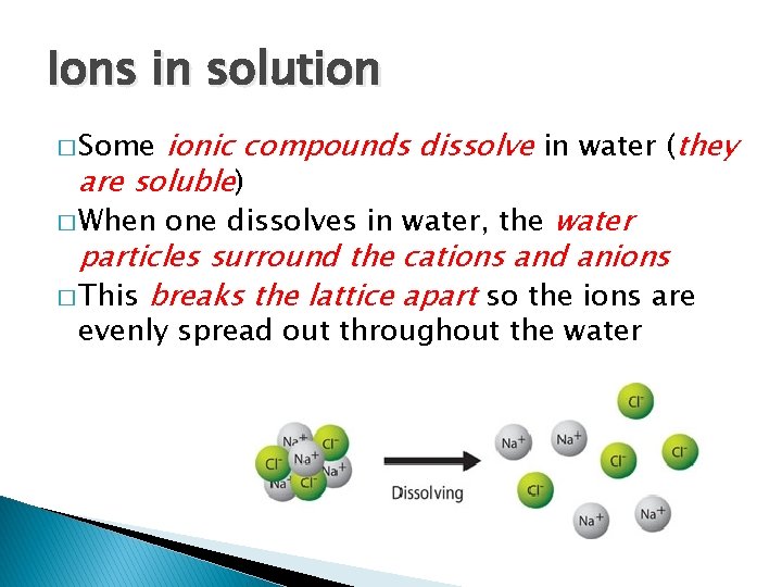 Ions in solution ionic compounds dissolve in water (they are soluble) � When one