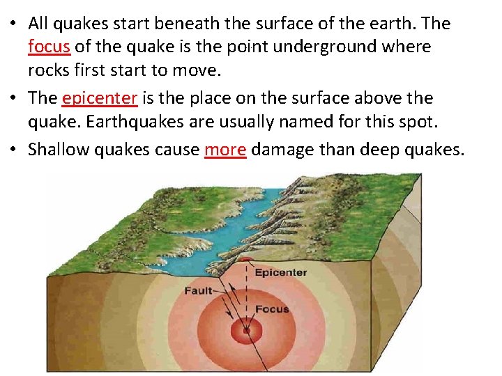  • All quakes start beneath the surface of the earth. The focus of
