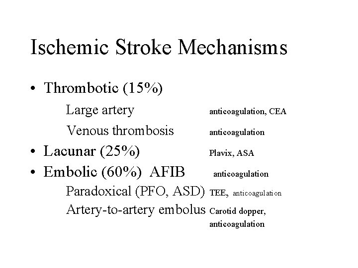 Ischemic Stroke Mechanisms • Thrombotic (15%) Large artery anticoagulation, CEA Venous thrombosis anticoagulation •