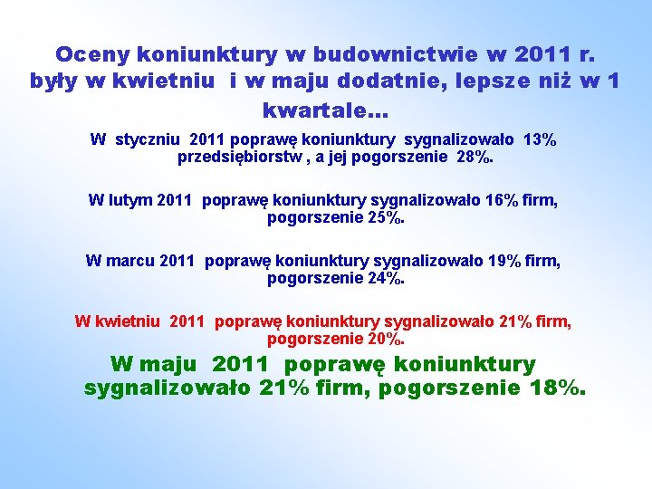 Oceny koniunktury w budownictwie w 2011 r. były w kwietniu i w maju dodatnie,