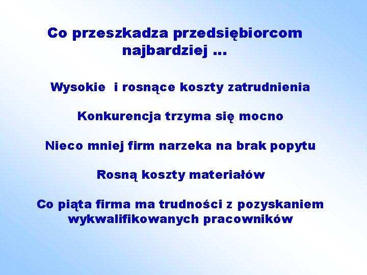 Co przeszkadza przedsiębiorcom najbardziej … Wysokie i rosnące koszty zatrudnienia Konkurencja trzyma się mocno