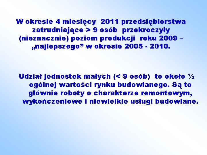 W okresie 4 miesięcy 2011 przedsiębiorstwa zatrudniające > 9 osób przekroczyły (nieznacznie) poziom produkcji