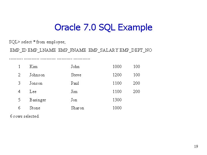 Oracle 7. 0 SQL Example SQL> select * from employee; EMP_ID EMP_LNAME EMP_FNAME EMP_SALARY