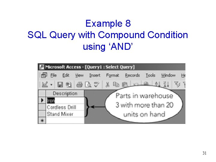 Example 8 SQL Query with Compound Condition using ‘AND’ 31 