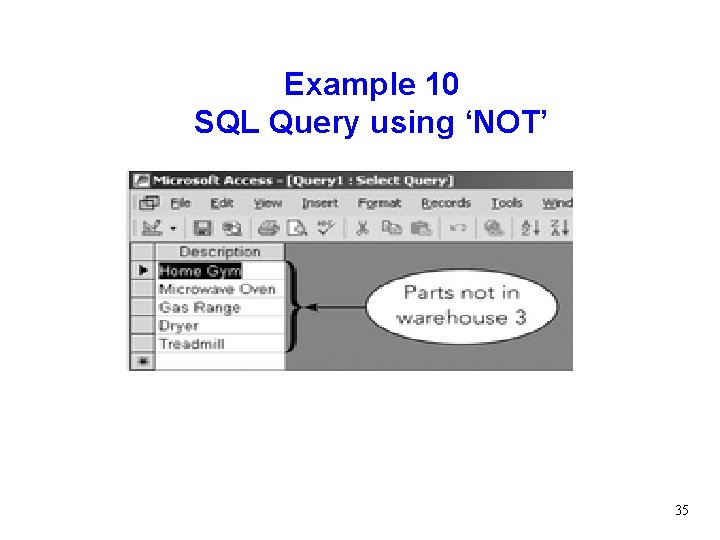 Example 10 SQL Query using ‘NOT’ 35 