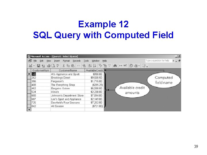 Example 12 SQL Query with Computed Field 39 