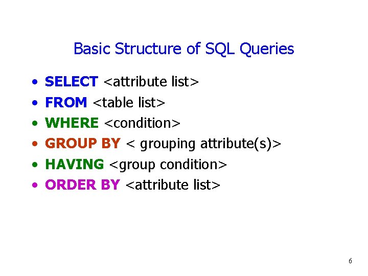 Basic Structure of SQL Queries • • • SELECT <attribute list> FROM <table list>