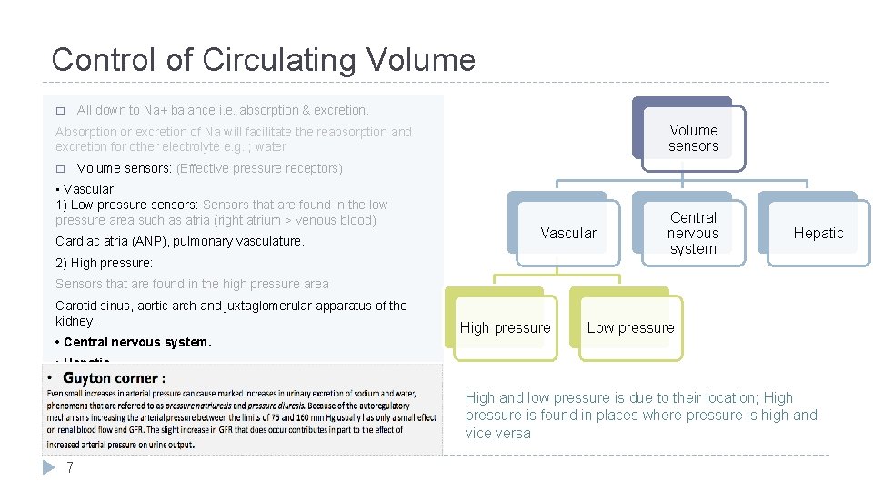 Control of Circulating Volume � All down to Na+ balance i. e. absorption &