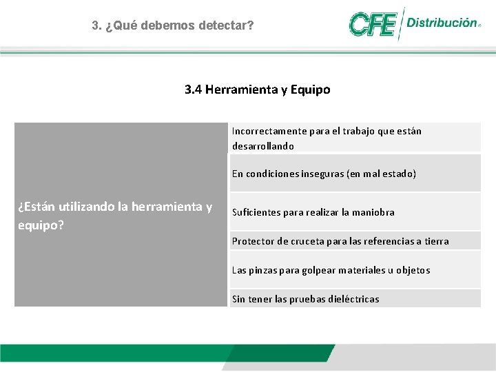 3. ¿Qué debemos detectar? 3. 4 Herramienta y Equipo Incorrectamente para el trabajo que