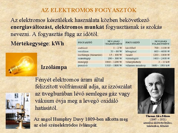 AZ ELEKTROMOS FOGYASZTÓK Az elektromos készülékek használata közben bekövetkező energiaváltozást, elektromos munkát fogyasztásnak is