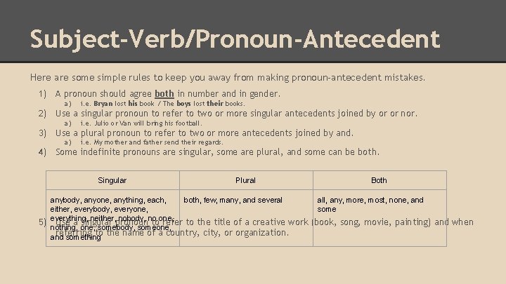 Subject-Verb/Pronoun-Antecedent Here are some simple rules to keep you away from making pronoun-antecedent mistakes.