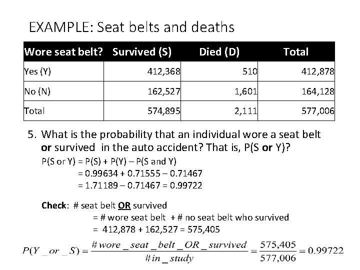 EXAMPLE: Seat belts and deaths Wore seat belt? Survived (S) Died (D) Total Yes