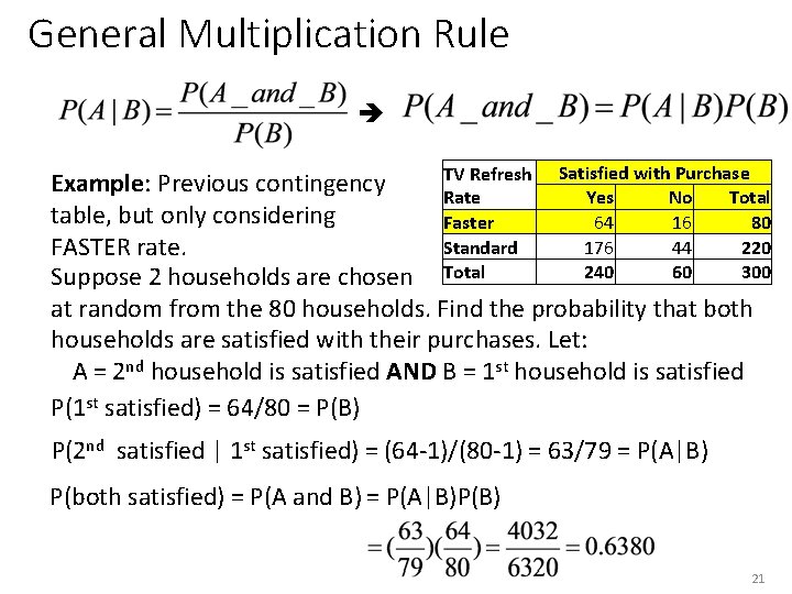 General Multiplication Rule TV Refresh Satisfied with Purchase Example: Previous contingency Yes No Total