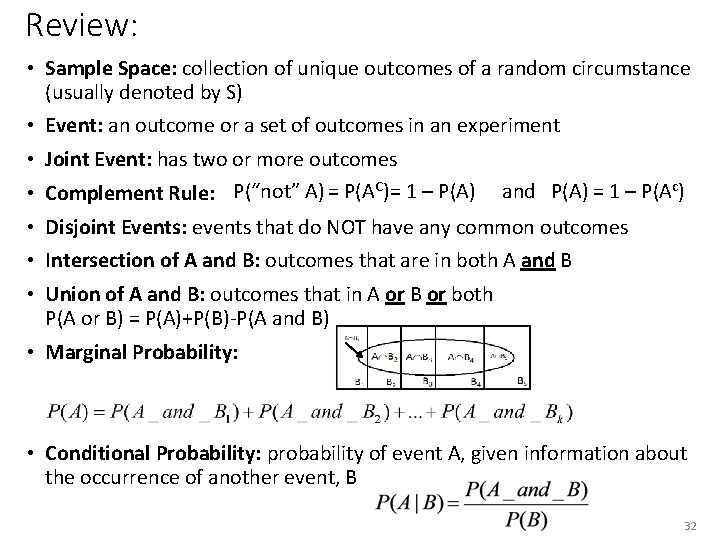 Review: • Sample Space: collection of unique outcomes of a random circumstance (usually denoted