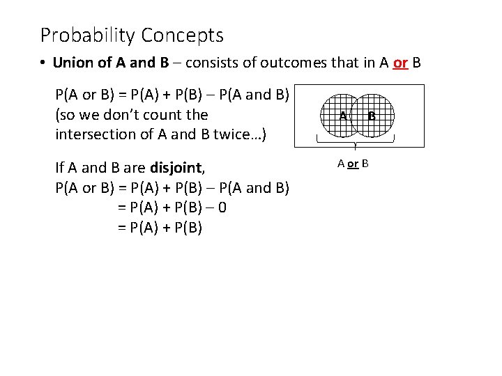 Probability Concepts • Union of A and B – consists of outcomes that in
