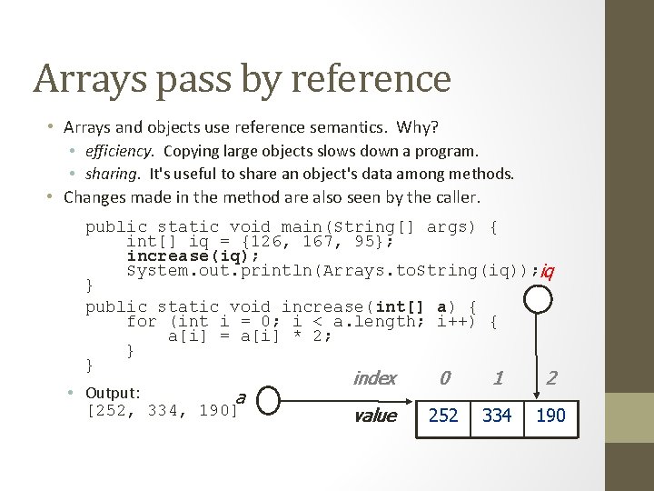 Arrays pass by reference • Arrays and objects use reference semantics. Why? • efficiency.