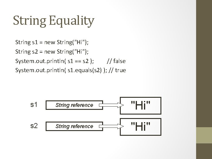 String Equality String s 1 = new String("Hi"); String s 2 = new String("Hi");