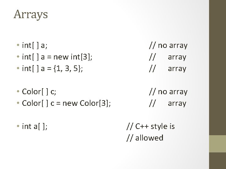 Arrays • int[ ] a; • int[ ] a = new int[3]; • int[