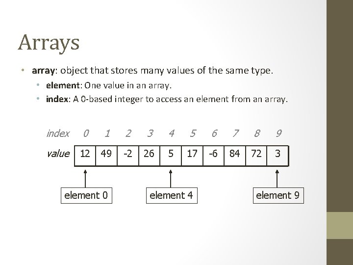Arrays • array: object that stores many values of the same type. • element:
