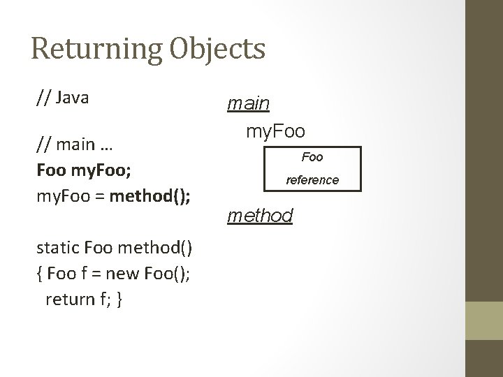 Returning Objects // Java // main … Foo my. Foo; my. Foo = method();