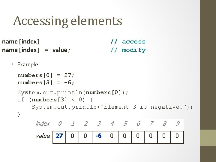 Accessing elements name[index] = value; // access // modify • Example: numbers[0] = 27;