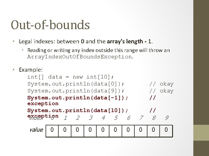 Out-of-bounds • Legal indexes: between 0 and the array's length - 1. • Reading