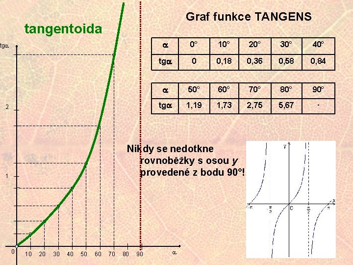 Graf funkce TANGENS tangentoida tga 2 a 0° 10° 20° 30° 40° tga 0
