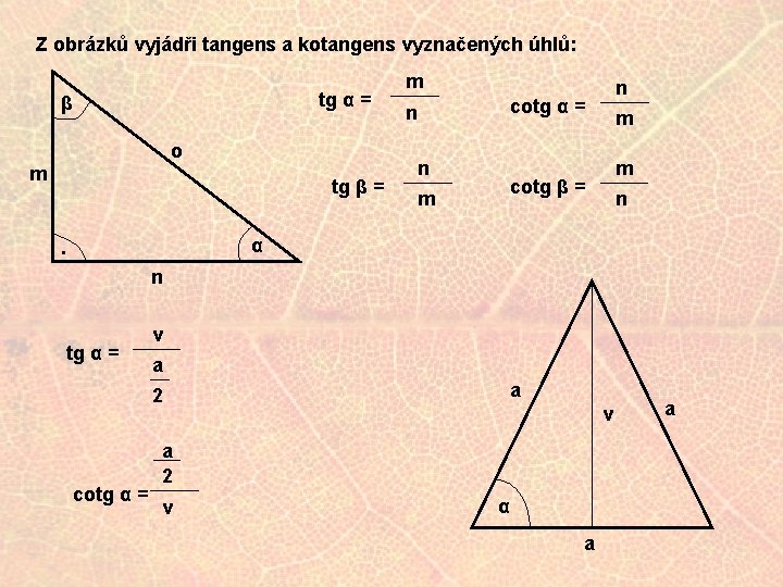 Z obrázků vyjádři tangens a kotangens vyznačených úhlů: tg α = β o m