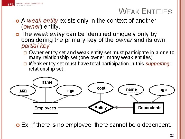 WEAK ENTITIES A weak entity exists only in the context of another (owner) entity. WEAK ENTITIES A weak entity exists only in the context of another (owner) entity.