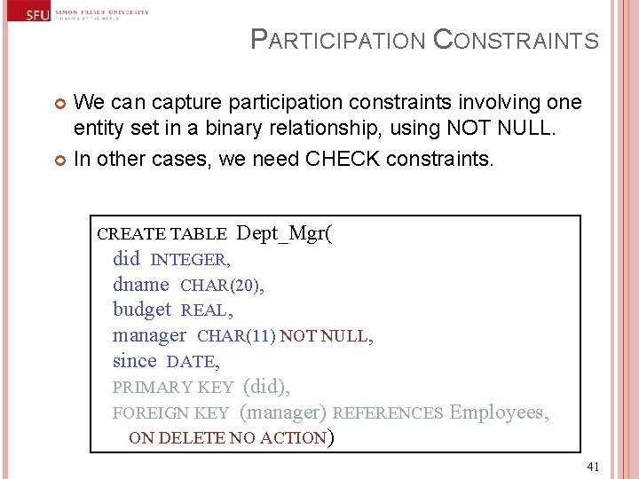 PARTICIPATION CONSTRAINTS We can capture participation constraints involving one entity set in a binary PARTICIPATION CONSTRAINTS We can capture participation constraints involving one entity set in a binary