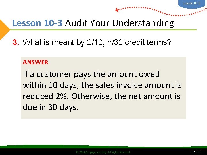 Lesson 10 -3 Audit Your Understanding 3. What is meant by 2/10, n/30 credit