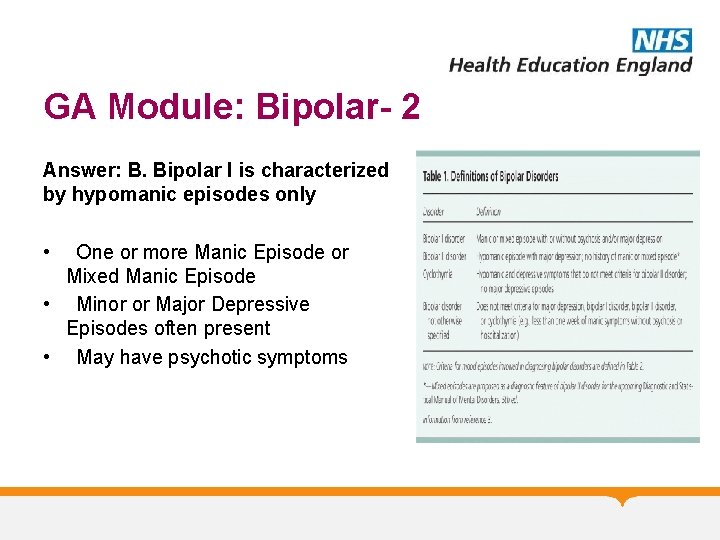 GA Module: Bipolar- 2 Answer: B. Bipolar I is characterized by hypomanic episodes only