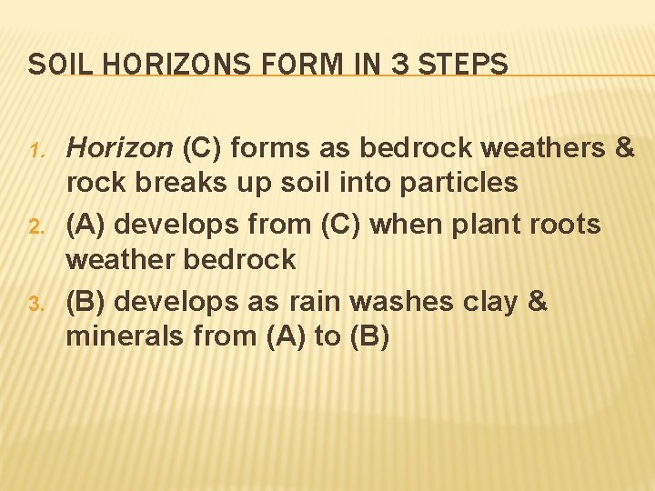 SOIL HORIZONS FORM IN 3 STEPS 1. 2. 3. Horizon (C) forms as bedrock