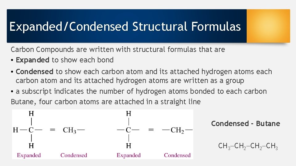 Expanded/Condensed Structural Formulas Carbon Compounds are written with structural formulas that are • Expanded