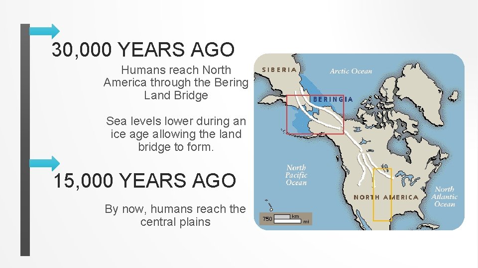 30, 000 YEARS AGO Humans reach North America through the Bering Land Bridge Sea