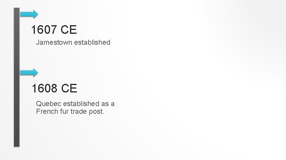 1607 CE Jamestown established 1608 CE Quebec established as a French fur trade post.