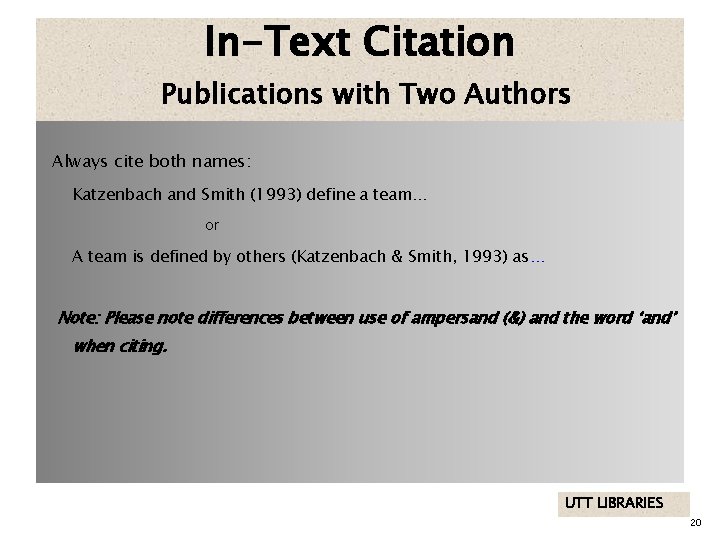 In-Text Citation Publications with Two Authors Always cite both names: Katzenbach and Smith (1993)
