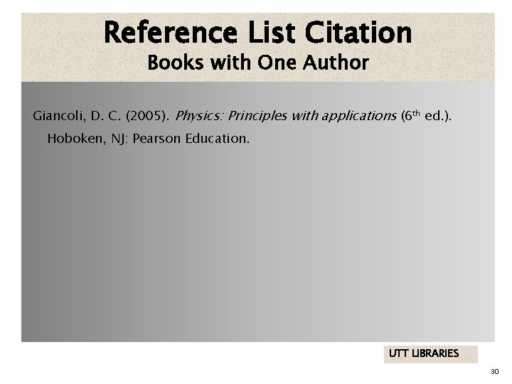 Reference List Citation Books with One Author Giancoli, D. C. (2005). Physics: Principles with