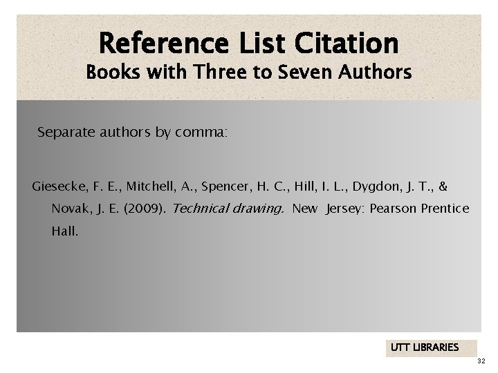 Reference List Citation Books with Three to Seven Authors Separate authors by comma: Giesecke,