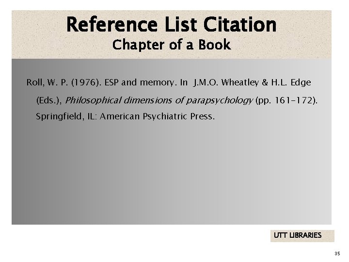 Reference List Citation Chapter of a Book Roll, W. P. (1976). ESP and memory.